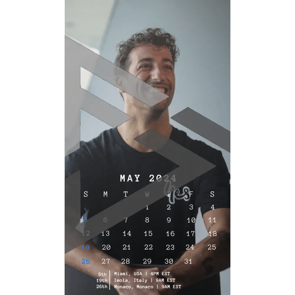 F1 2024 Phone Calendar Wallpaper - Daniel Ricciardo's Version (Digital Download) - The Raeypublic