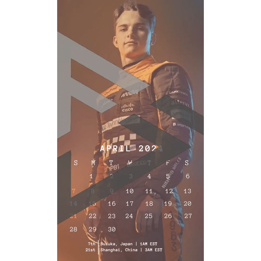 F1 2024 Phone Calendar Wallpaper - Oscar Piastri's Version (Digital Download) - The Raeypublic