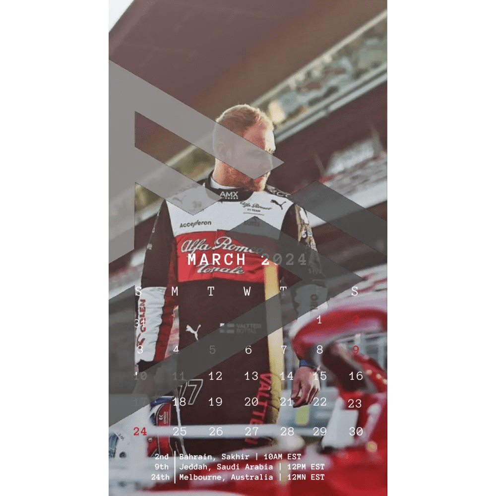 F1 2024 Phone Calendar Wallpaper - Valterri Bottas' Version (Digital Download) - The Raeypublic